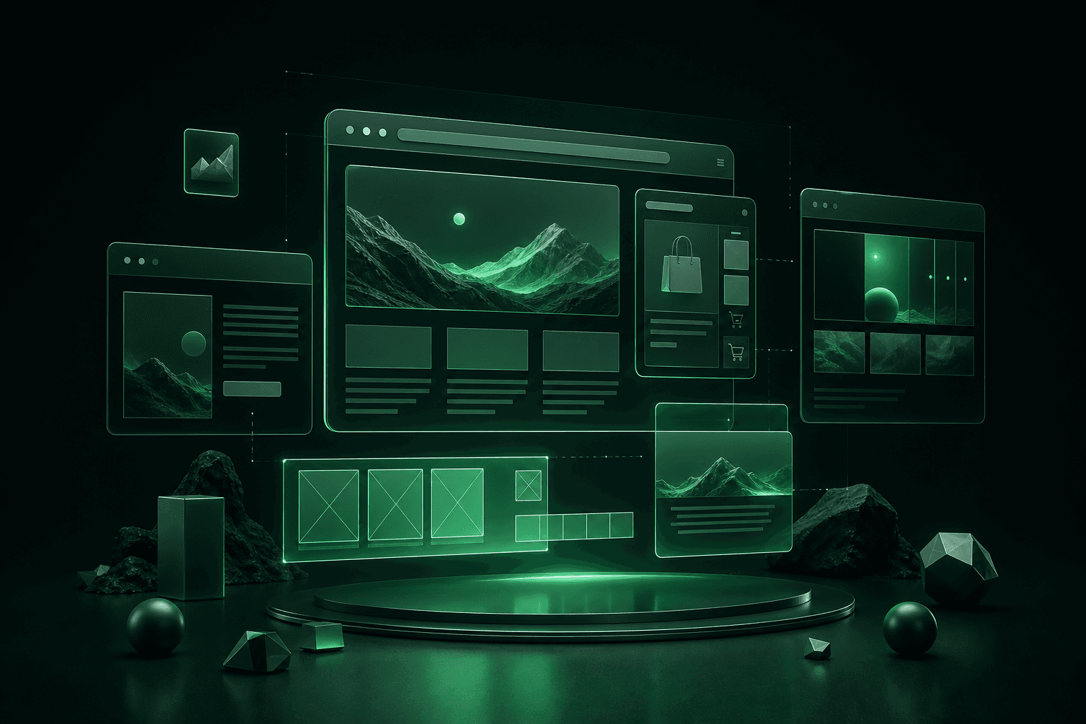 Modern web sitesi yapımını simgeleyen soyut tarayıcı ve layout illüstrasyonu